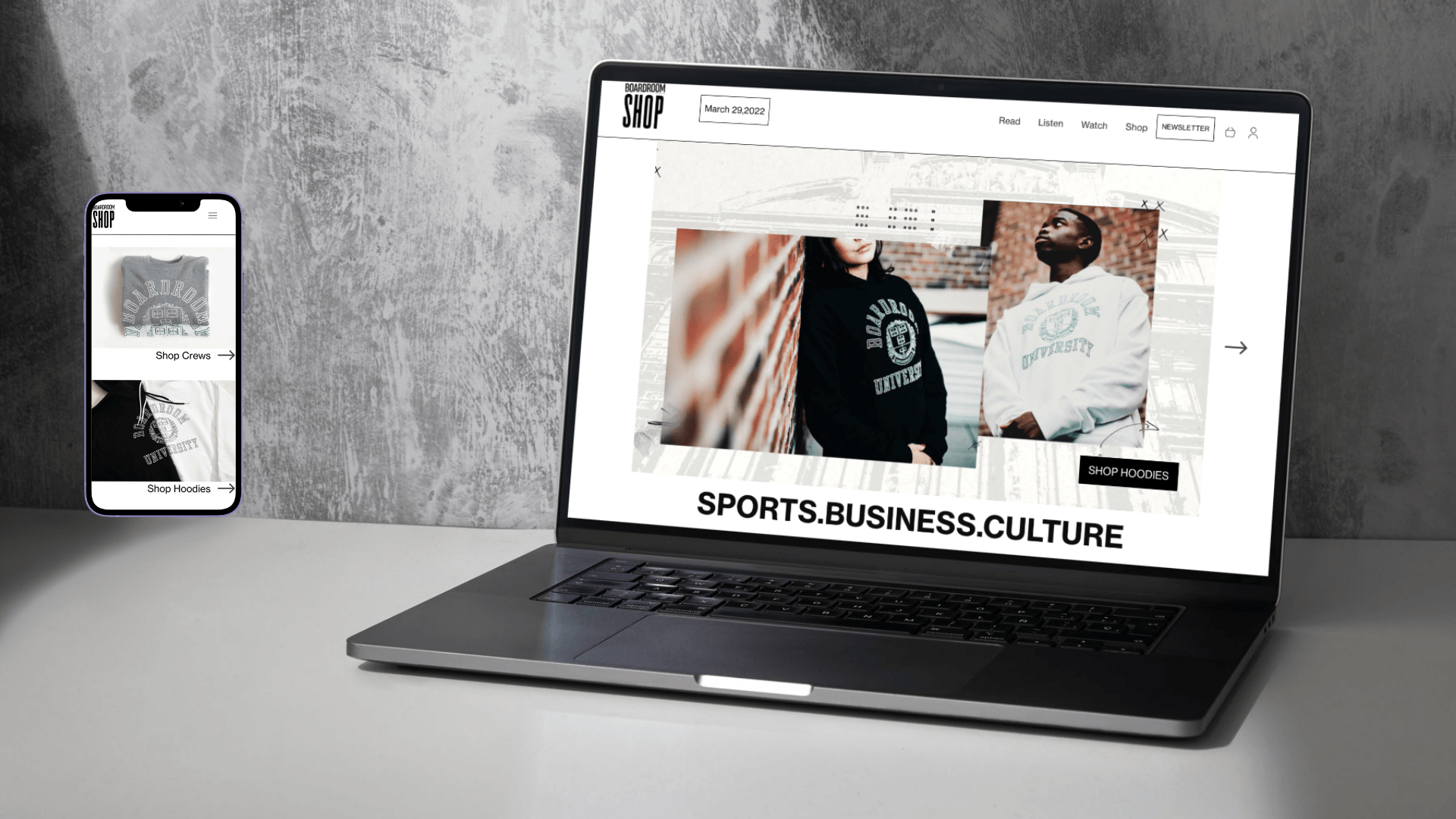 computer and phone mockup of modern website - Boardroom