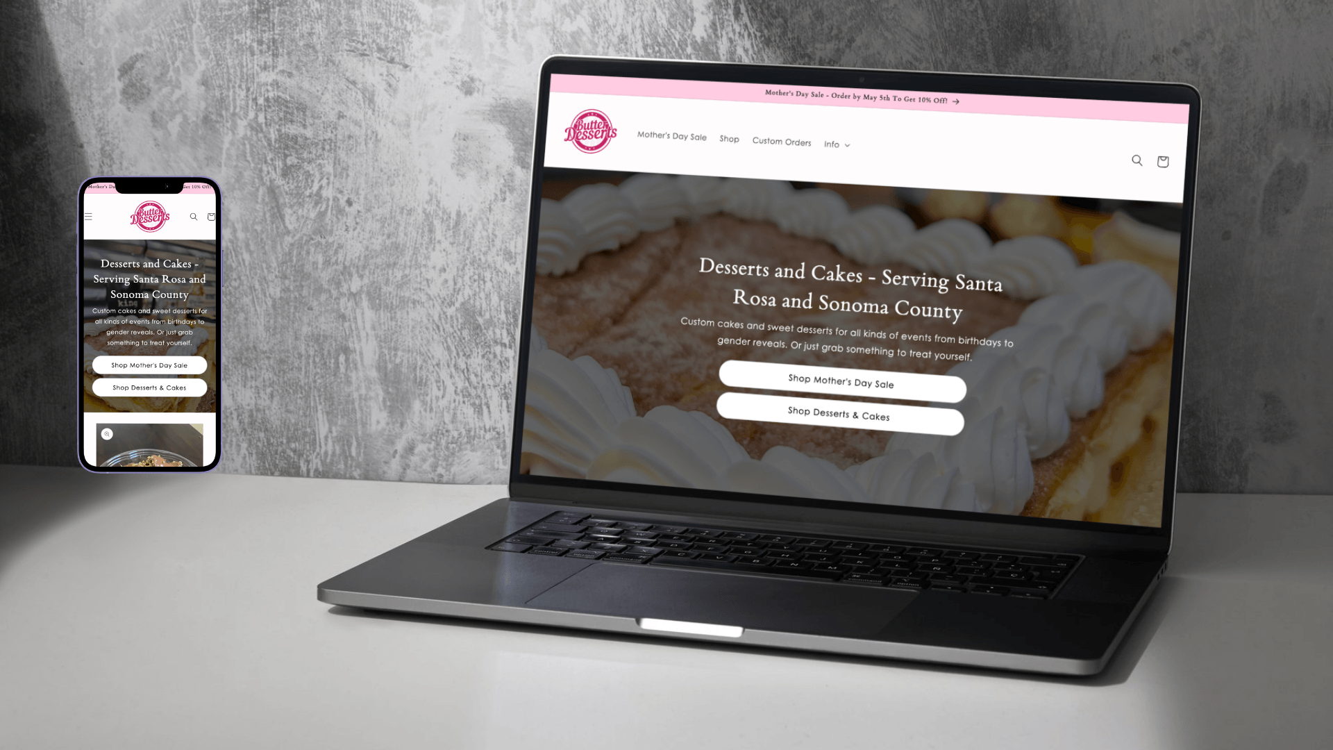 computer and phone mockup of modern website - Butter Desserts