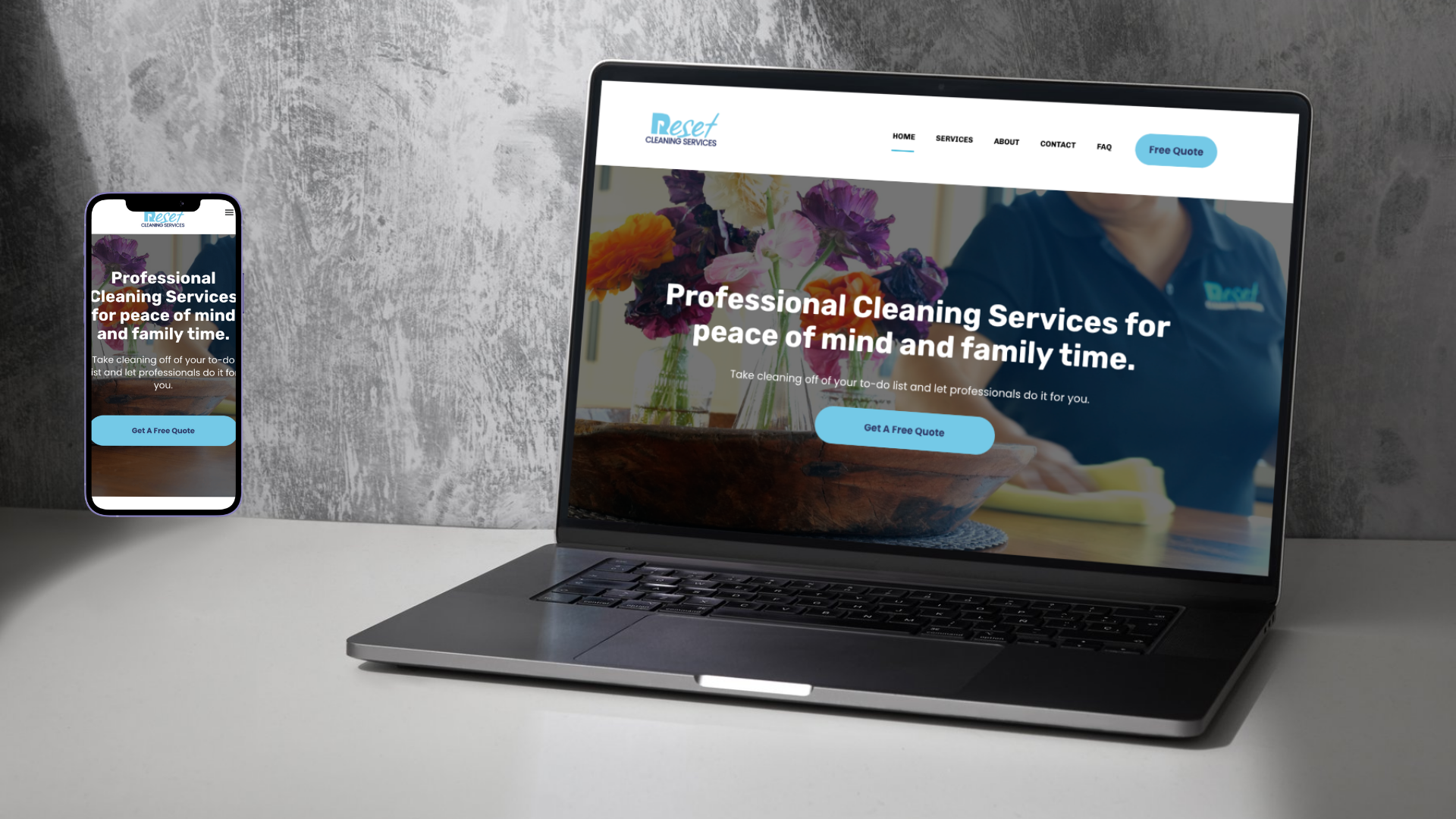 computer and phone mockup of website project - Reset Cleaning