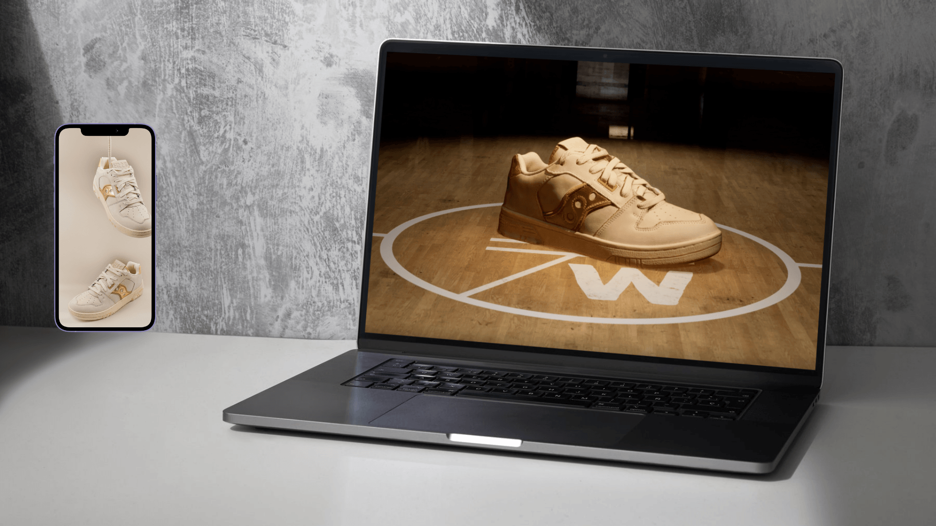 computer and phone mockup of modern website - Hommewrk sneaker brand