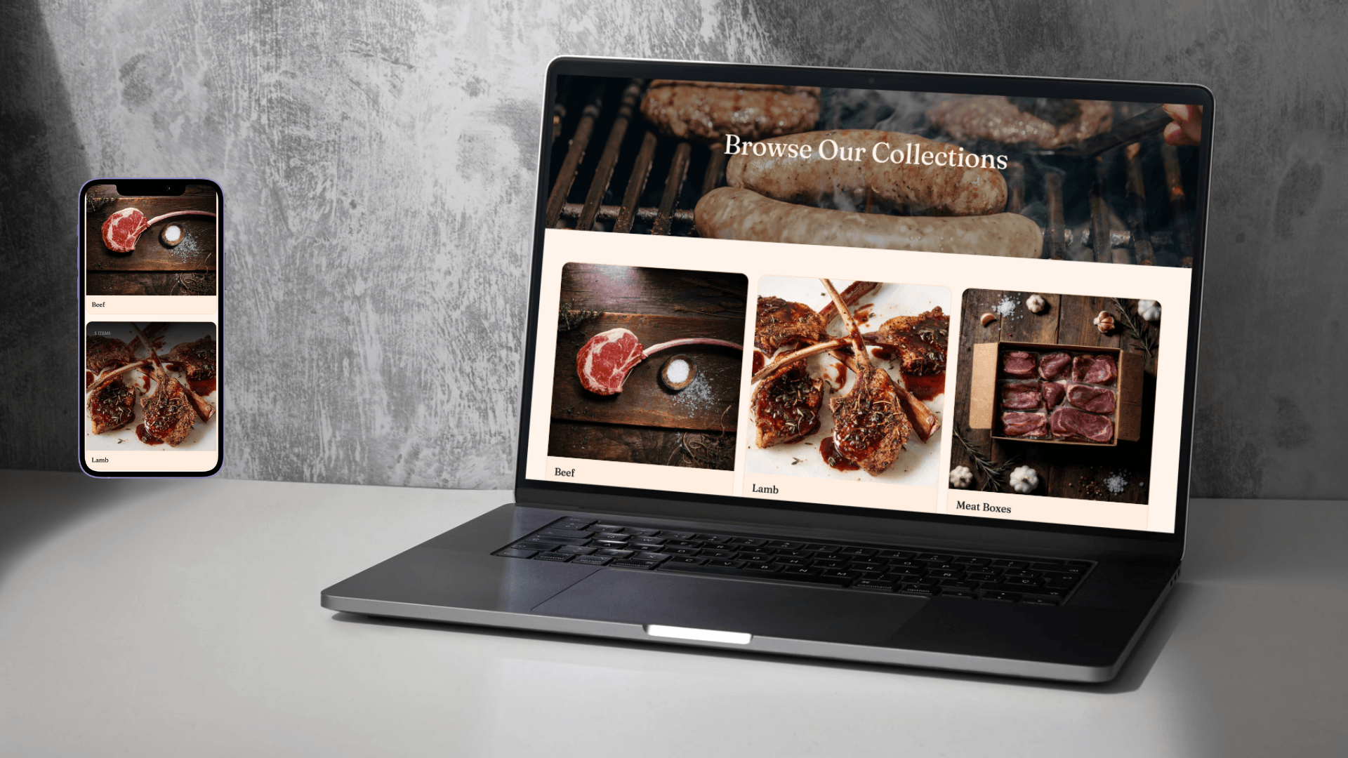 computer and phone mockup of Shopify project - The Meat Wagon