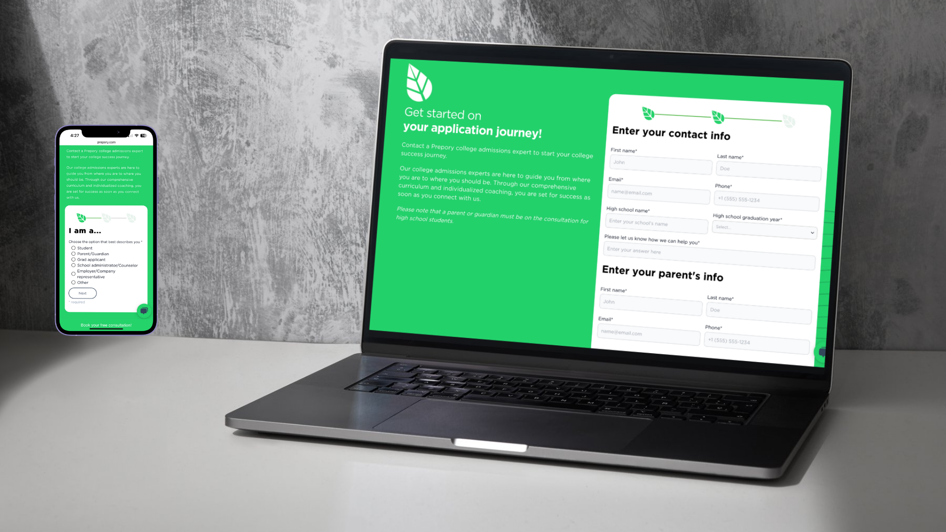 computer and phone mockup of website project - Prepory
